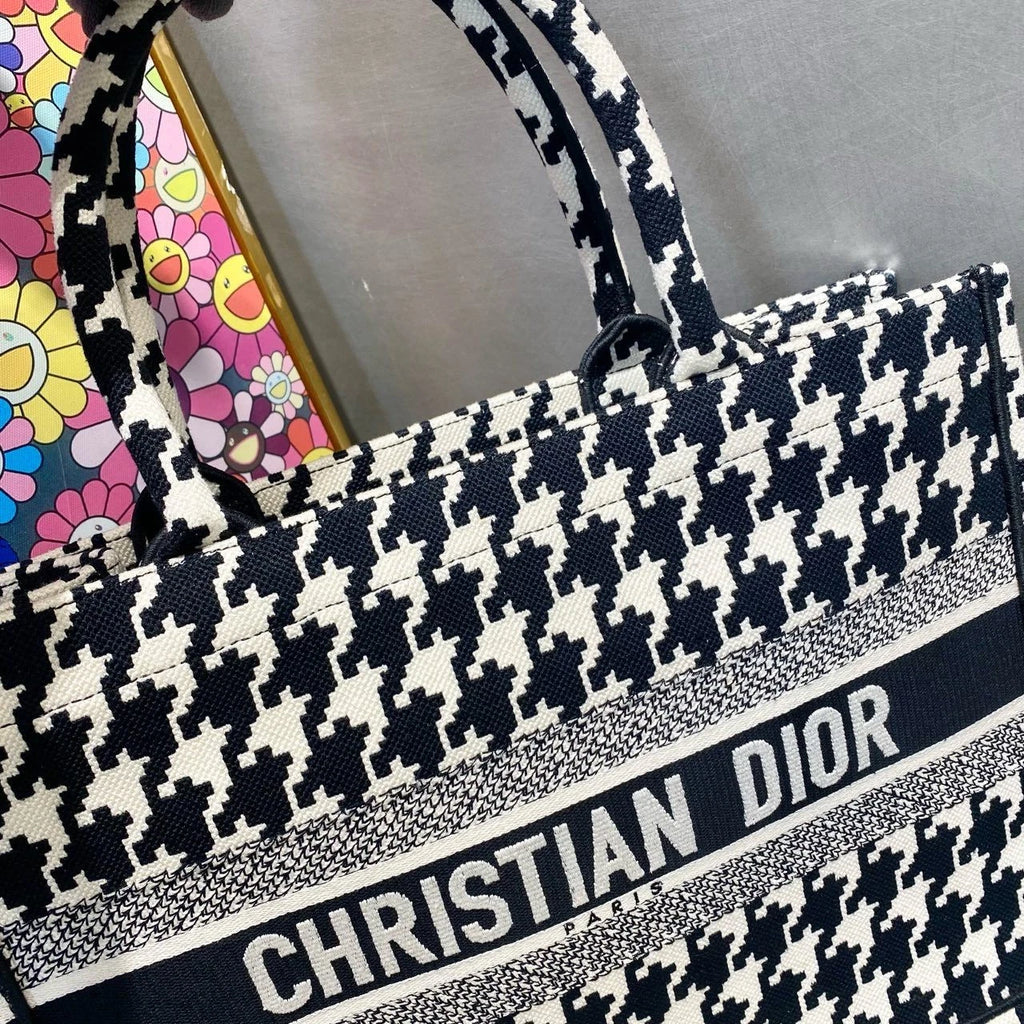 Dior Black White Houndstooth Medium Tote Top Handle Bag For Women