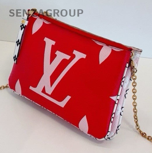 Louis Vuitton Pochette Double Zip Chain Shoulder Bag Red Gold Women Classic