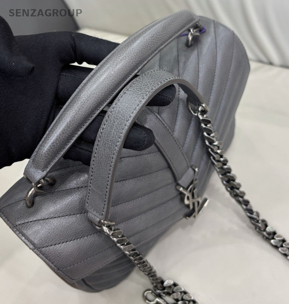 YSL Saint Laurent College PM Top Handle 2way Chain Shoulder Handbag Grey Women