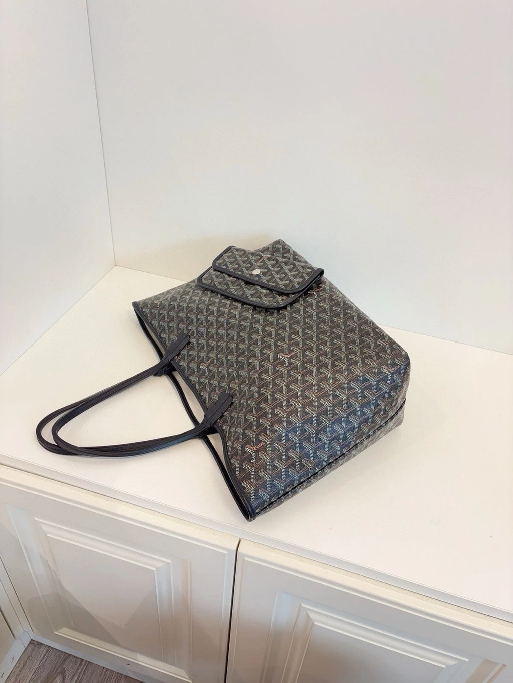 Goyard Saint Louis PM Tote Bag Black Coated Canvas Leather Trim Pouch Included
