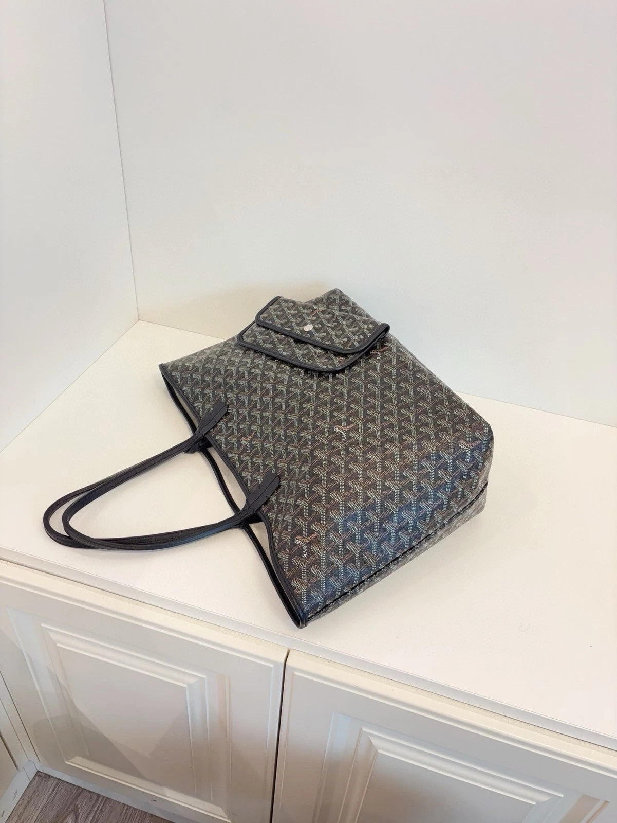Goyard Saint Louis PM Tote Bag Black Coated Canvas Leather Trim Pouch Included