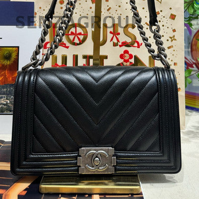 Chanel Le Boy Black Silver Chevron Chain Shoulder Crossbody Bag