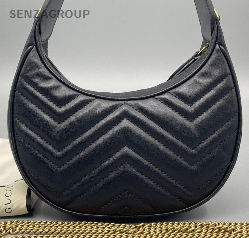 Gucci Marmont Chain Shoulder Bag Black Gold Used Women Designer Classic