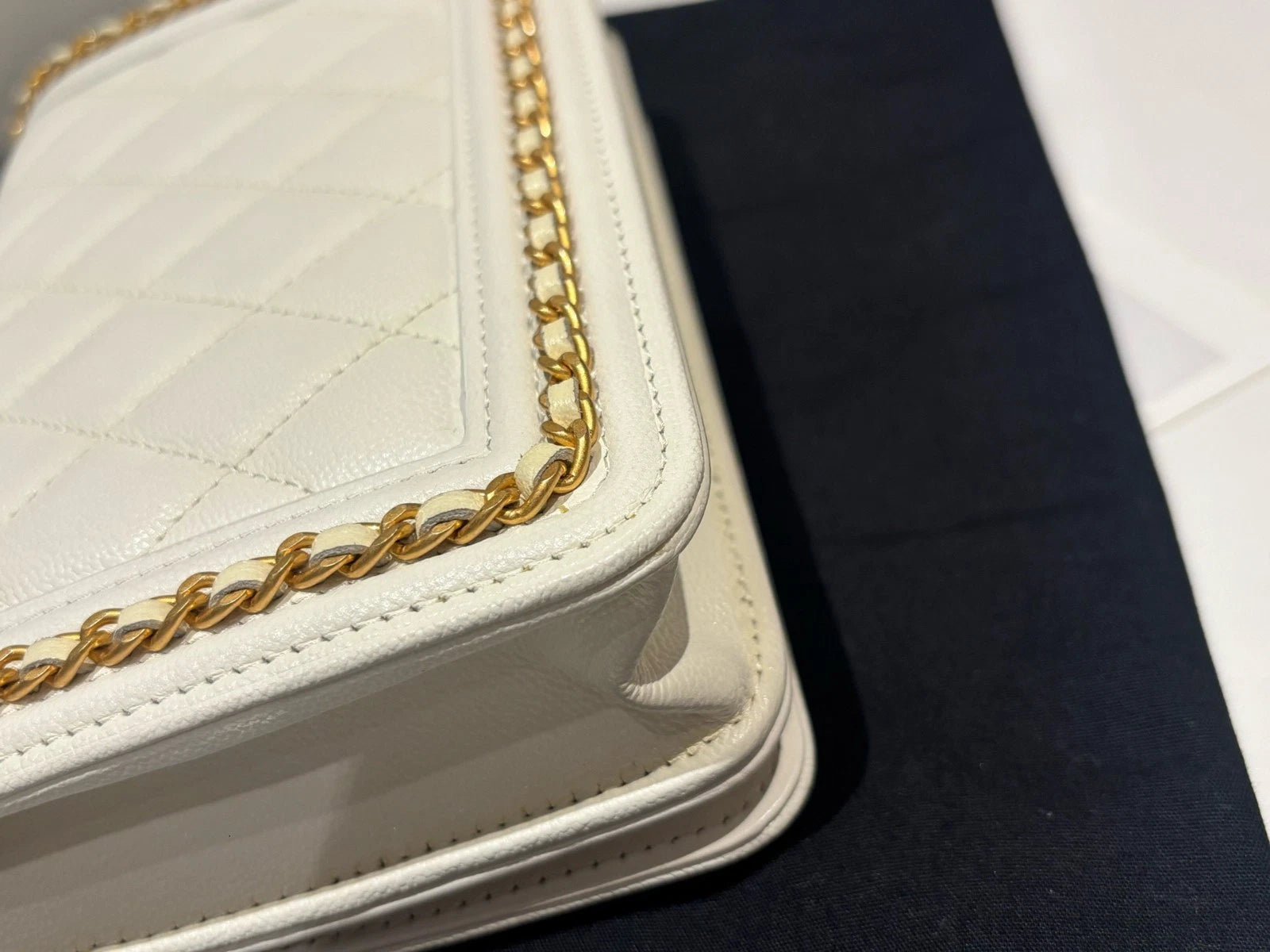 Chanel Leboy WOC Chain Shoulder Bag Crossbody White Gold Diamond Women Classic