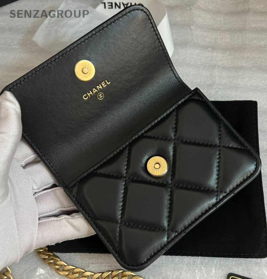 CHANEL 22P Enamel clasp Pocket mini Diamond pattern Chain Strap Black Gold