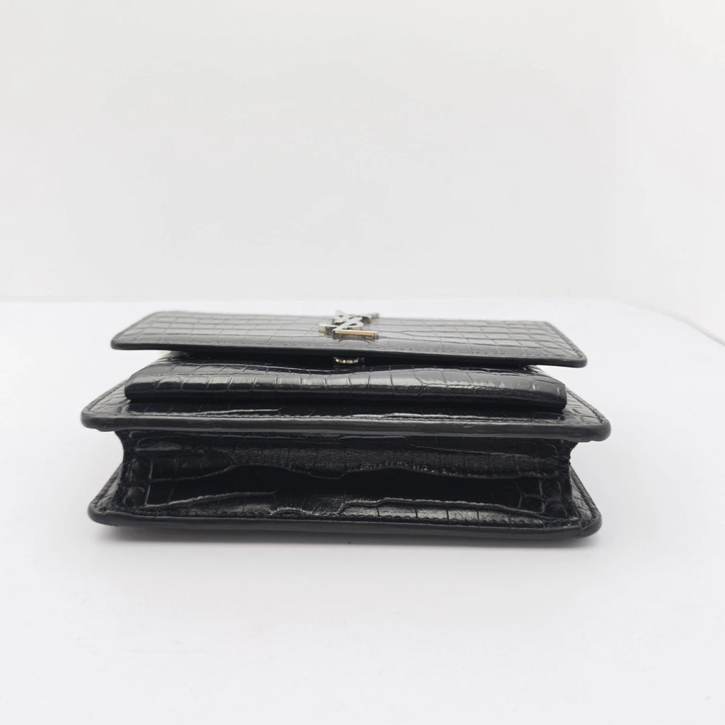 YSL Black Crocodile Embossed Mini Shoulder Crossbody Bag For Women