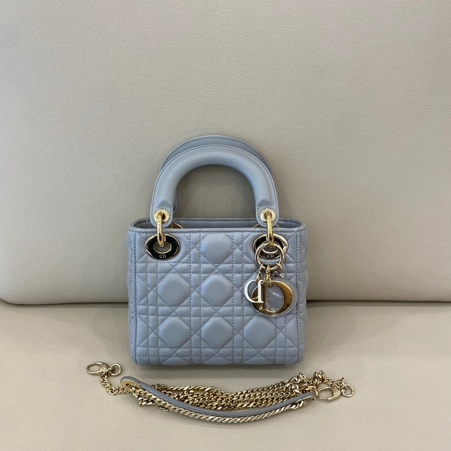 Dior Lady Dior Lambskin Gray Handbag Excellent