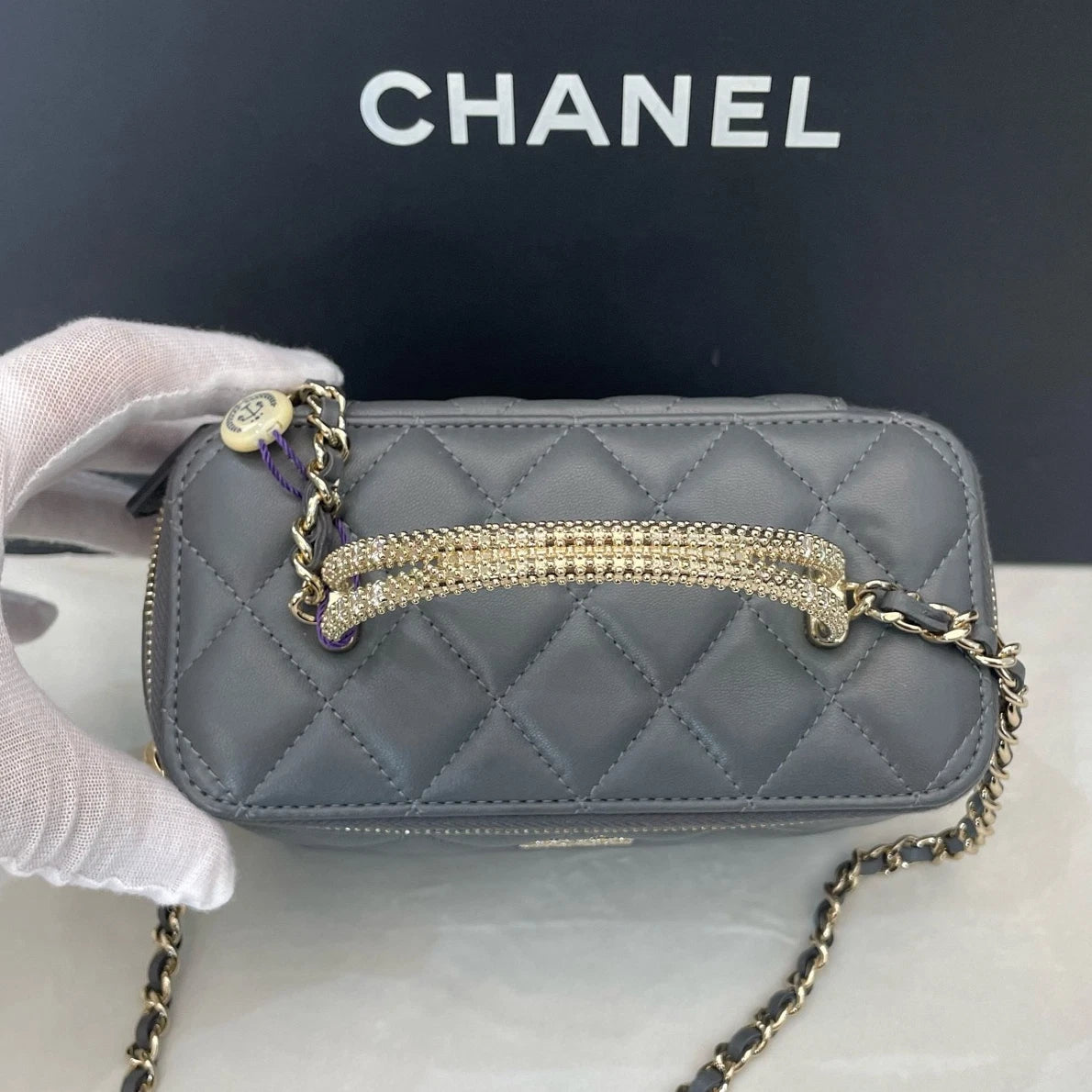 Chanel Long Box Gold Chain Gray Top Handle Crossbody Chip Version Excellent