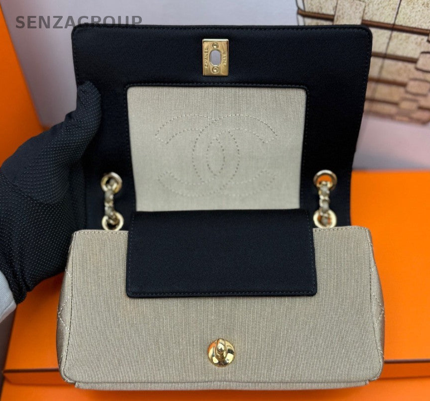Chanel Classic Flap Canvas Chain Shoulder Bag Beige Black Gold Women Classic