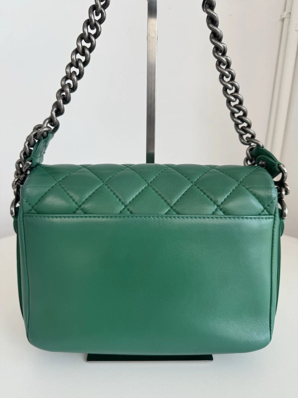 Chanel Classic Flap Calfskin Chain Shoulder Bag Crossbody Green Silver Women