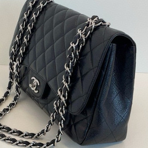 Chanel Classic Flap Jumbo Chain Shoulder Bag Black Silver Women Diamond Designer