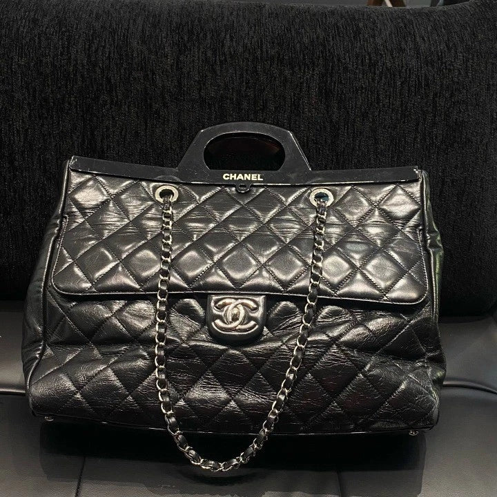 Chanel Airport Tote GM Oil Wax Calfskin Top Handle Shoulder Bag Black Women D