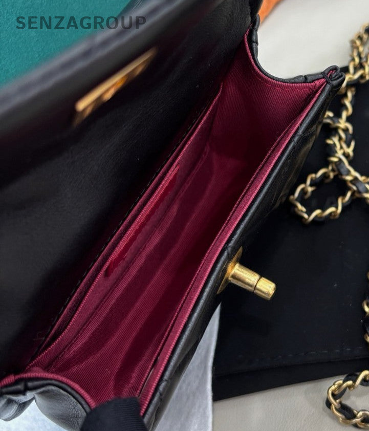 Chanel Diamond Mini Chain Shoulder Bag Crossbody Black Gold Women Classic