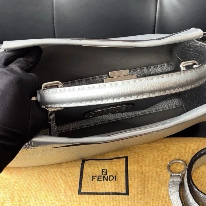 Authentic Fendi Peekaboo Calfskin Top Handle Crossbody Bag Silver SHD