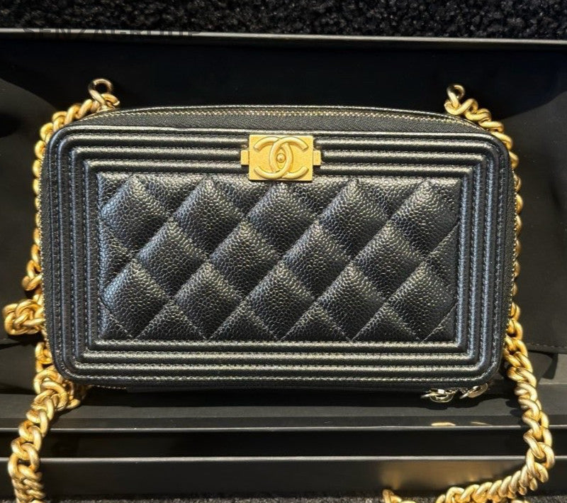 Chanel Leboy WOC Diamond Chain Shoulder Bag Crossbody Black Gold Women Classic
