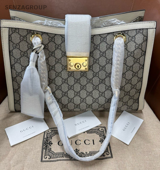GUCCI Padlock MM Tote Handbag Shoulder Bag White Gold Women Classic Designer