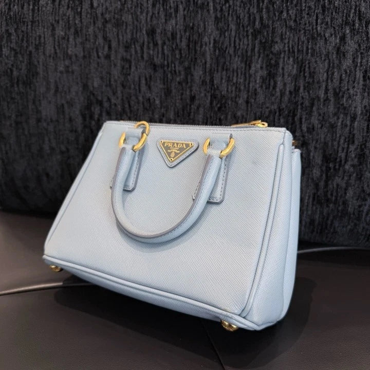 Prada Galleria Mini Tote Classic Logo Top Handle Crossbody Bag Blue Women D