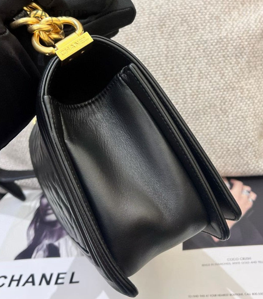Chanel Leboy MM Chain Diamond Shoulder Bag Black Gold Women Classic Designer