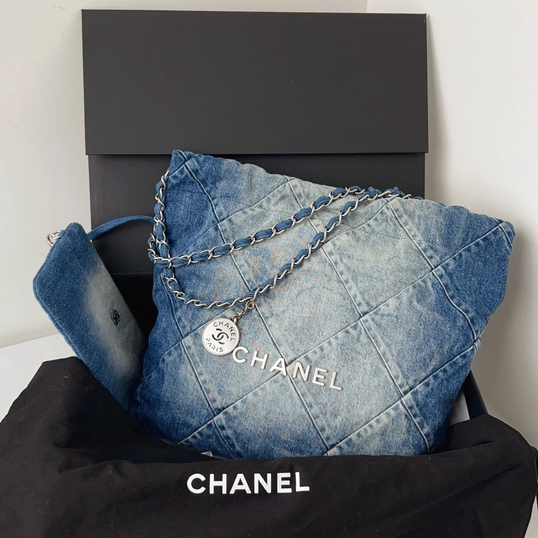 Excellent Chanel 22Bag PM Blue Denim Silver Chain Shoulder Bag Crossbody