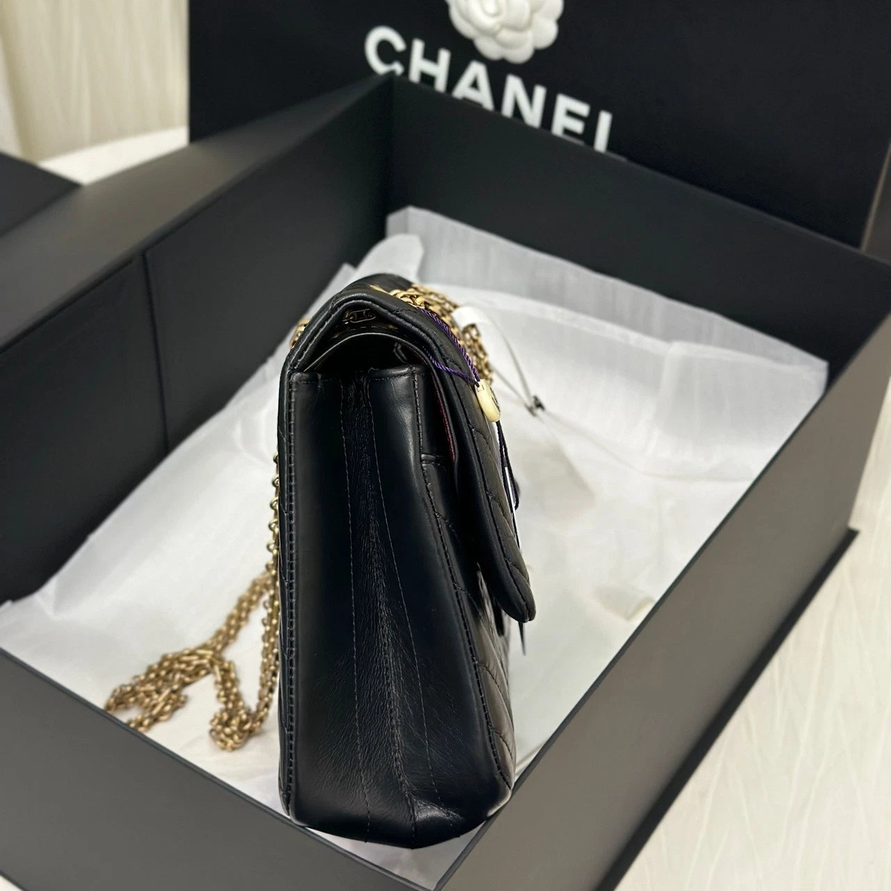 CHANEL Black Gold Waxed Calfskin 2.55 Medium Chain Shoulder Bag Women