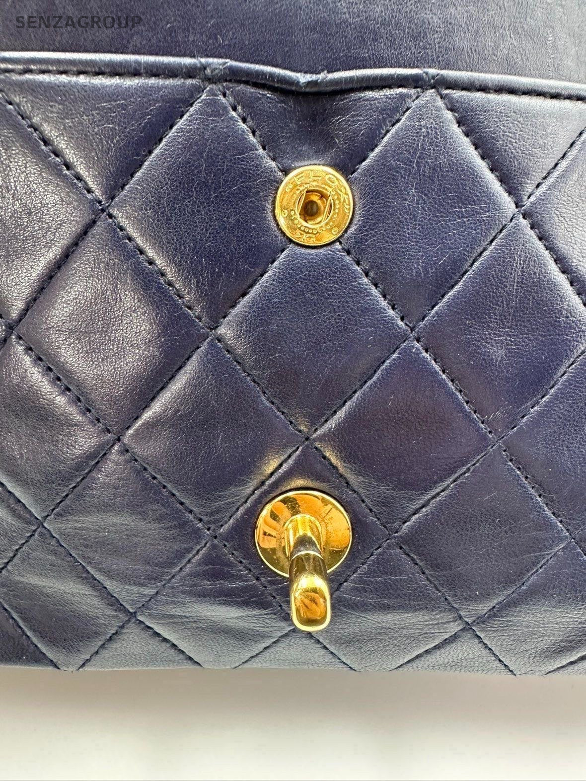 Chanel Classic Flap Lambskin MM Chain Shoulder Crossbody Blue Gold Women Vintage