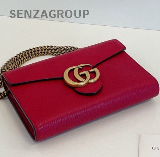 Gucci Marmont GG Chain Shoulder Bag Crossbody Red Gold Women Classic