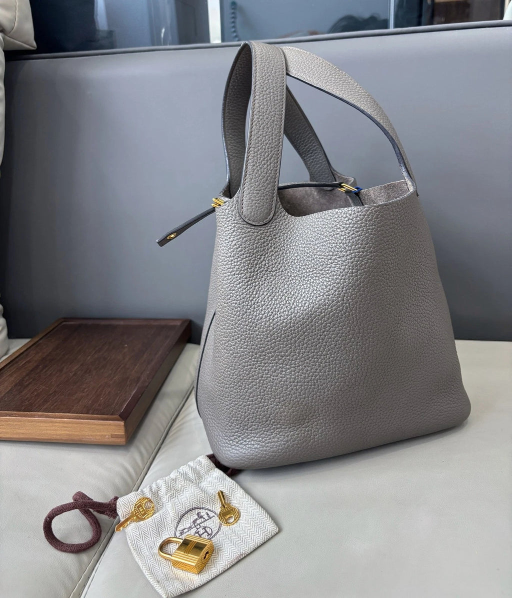 Authentic Hermes Picotin22 Gray Tote Handbag Gold Hardware with Key Lock