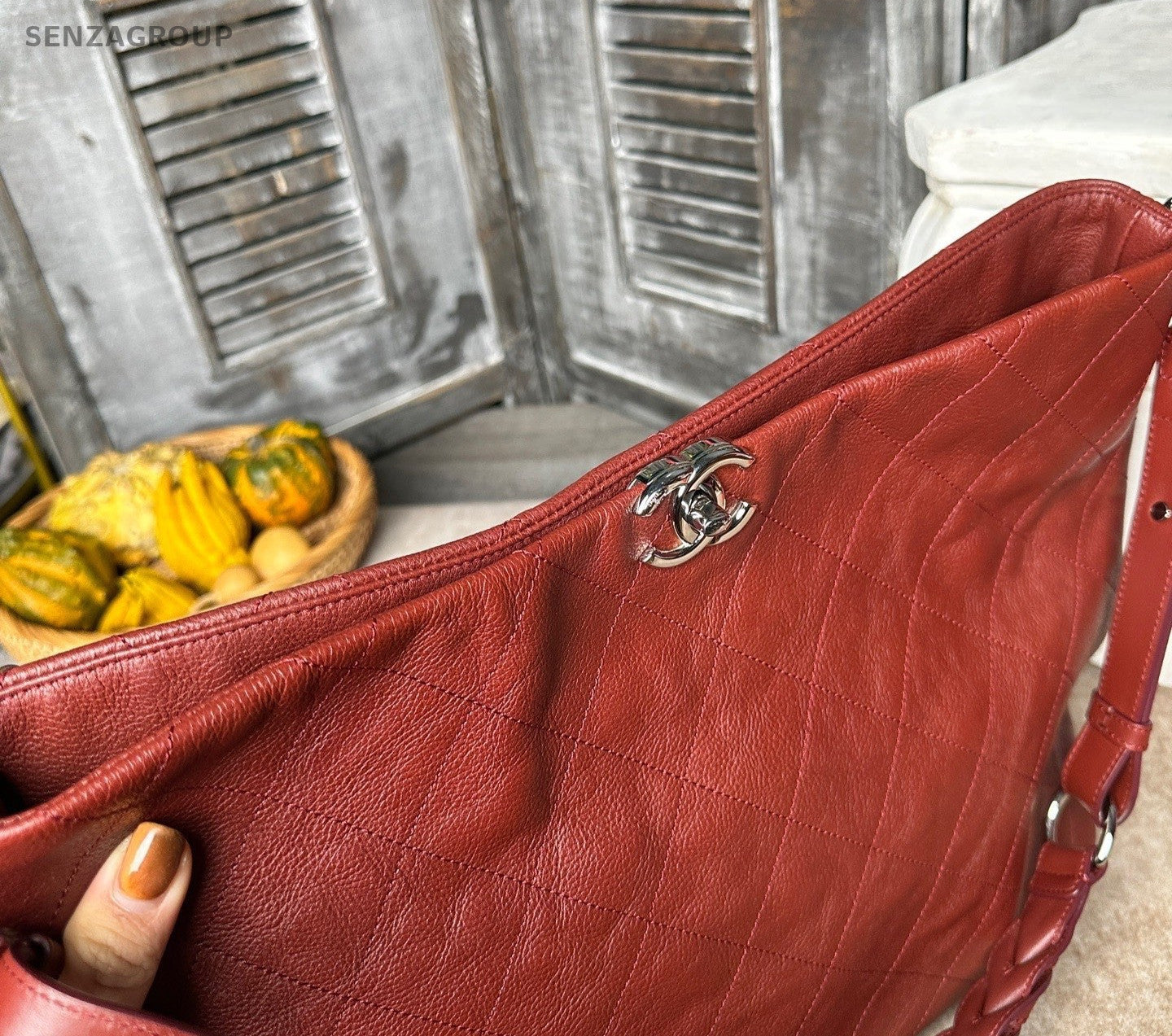 Chanel Diamond Hobo Calfskin Shoulder Bag Red Silver Used Women Classic
