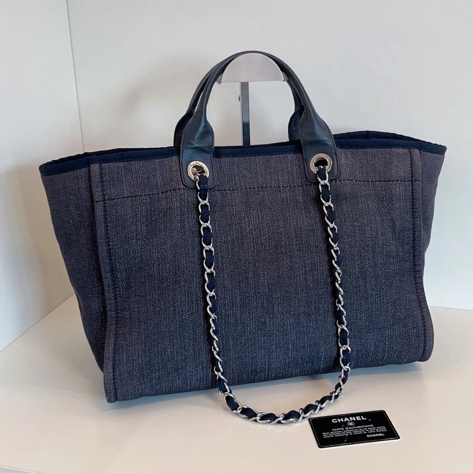 Chanel Canvas Calfskin Beach Bag Chain Top Handle Shoulder Blue Silver Women