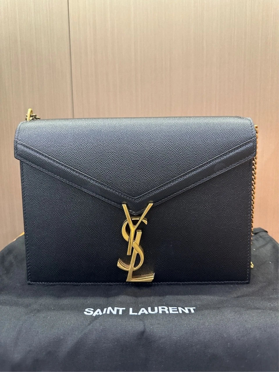 Saint Laurent Black Gold Leather Medium Envelope Chain Bag For Women