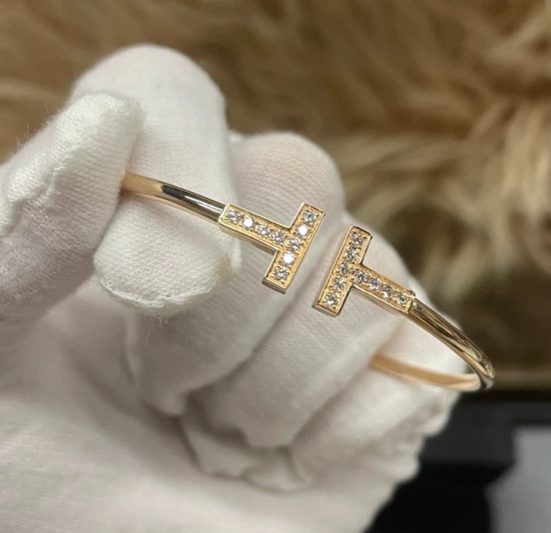 New Tiffany &amp; Co. Tiffany T 18K Rose Gold Narrow Wire Diamonds Cuff Bracelet