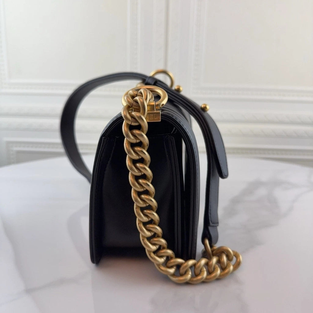 CHANEL LeBoy Small Black Leather Gold Hardware Shoulder Bag Women