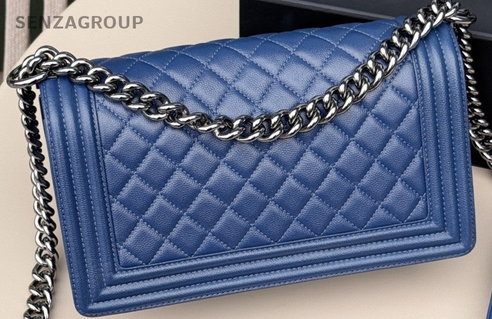 Chanel Leboy MM Chain Shoulder Bag Blue Silver Used Women Classic Designer