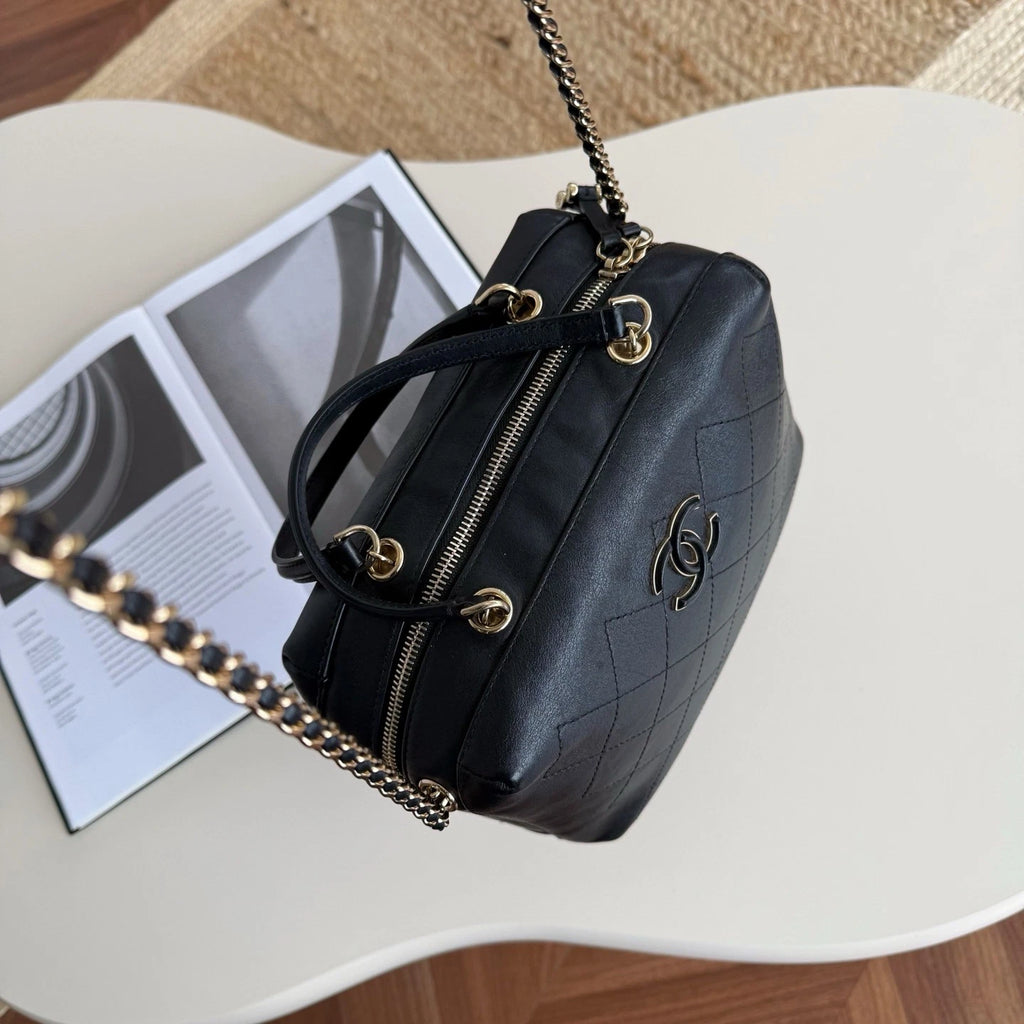 Chanel Bowling Calfskin Top Handle Chain Crossbody Black Gold Classic Women