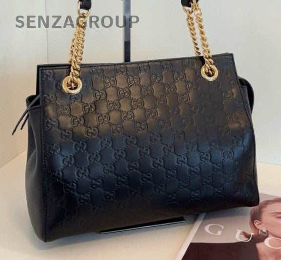 Gucci Tote Chain Shoulder Bag Black Gold Women Classic Fashion