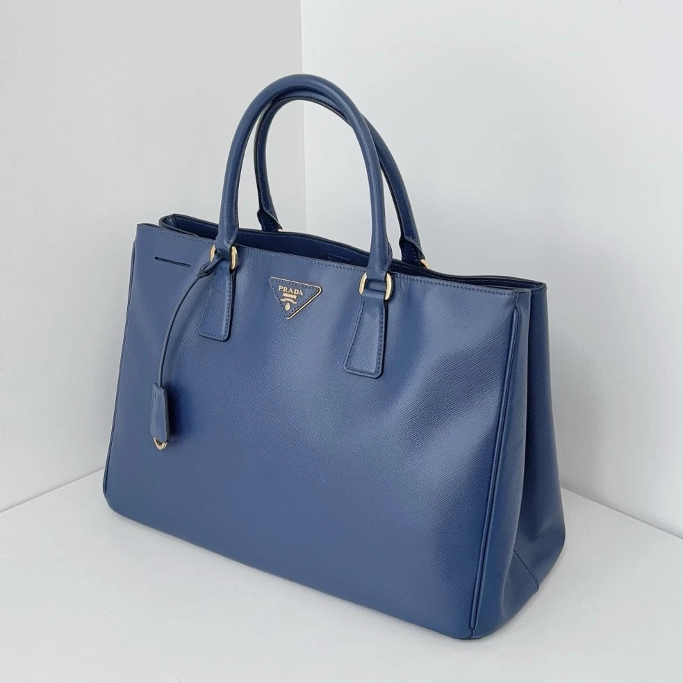 Authentic Prada Galleria Calfskin GM Blue Tote Handbag Gold Hardware