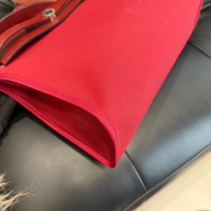 Hermes Herbag31 Canvas Top Handle Bag Crossbody Red Silver Women Classic D