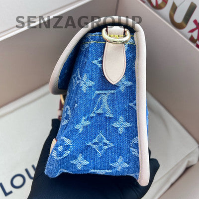 Louis Vuitton Denim Monogram Baguette Shoulder Bag Blue Gold Hardware