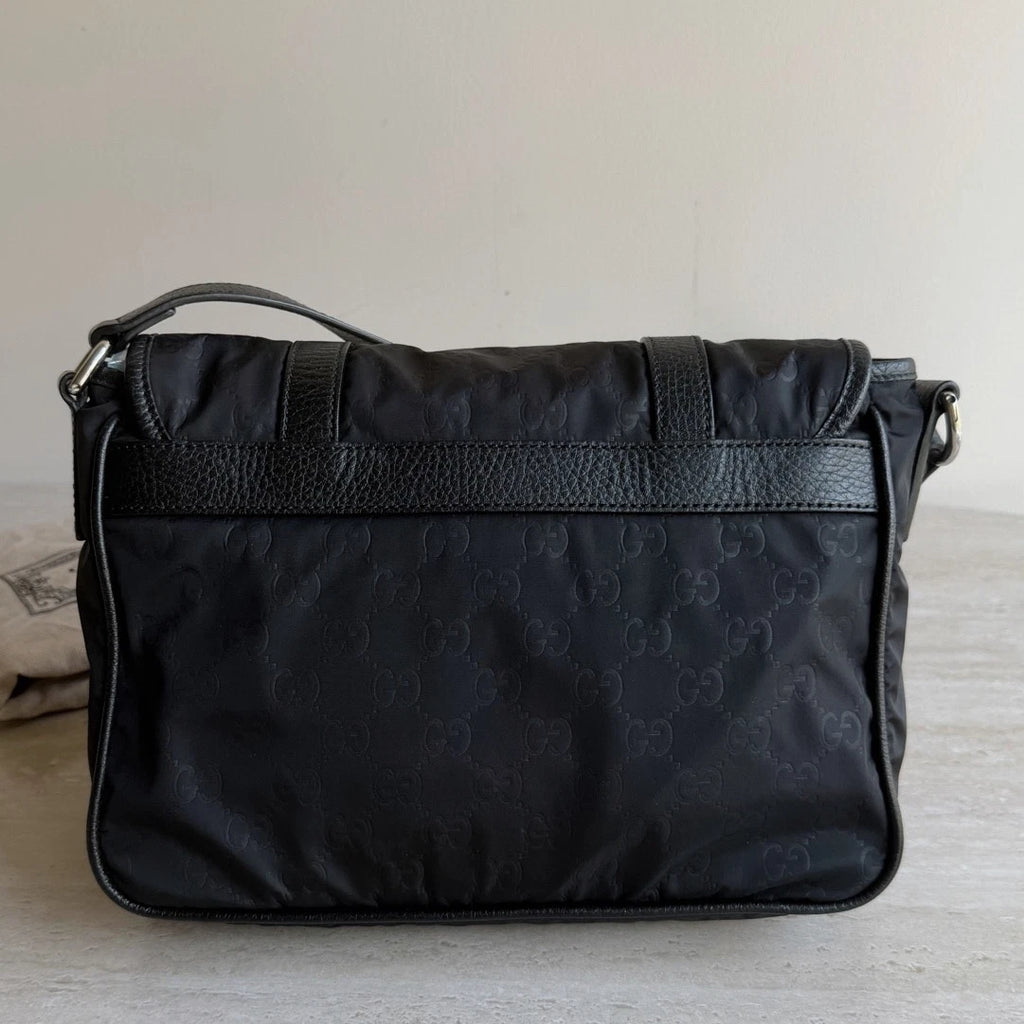 Gucci Monogram Nylon Black Messenger Shoulder Bag Crossbody Silver Hardware