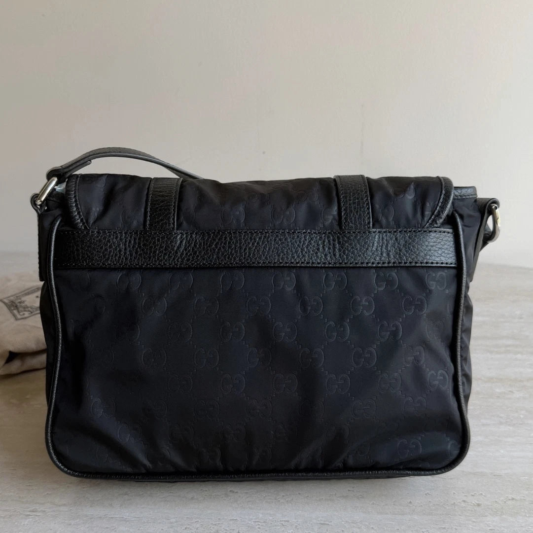 Gucci Monogram Nylon Black Messenger Shoulder Bag Crossbody Silver Hardware
