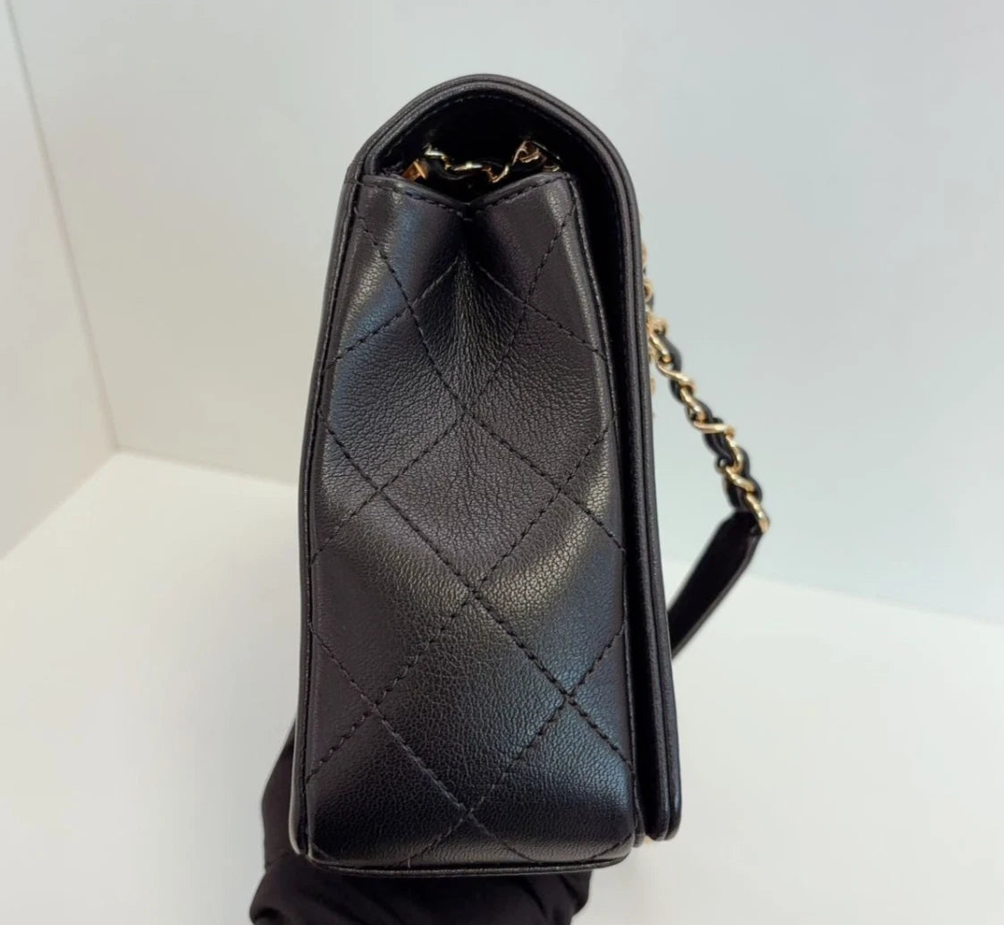Chanel CC Logo Calfskin GM Chain Shoulder Bag Crossbody Black Gold Women Classic