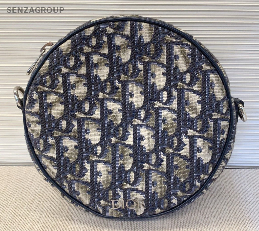 Christian Dior Oblique Round Bag Crossbody Blue Silver Used Women Classic
