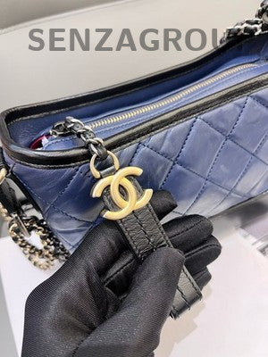 Chanel Small Black Blue Calfskin Chevron Gabrielle Hobo Bag