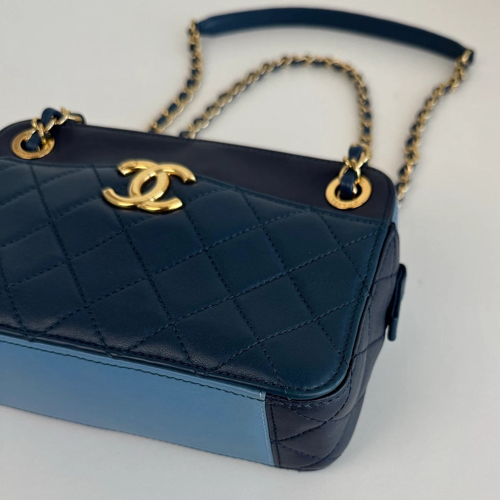 Chanel Diamond Camera Bag Double Chain Blue Shoulder Bag Gold Hardware