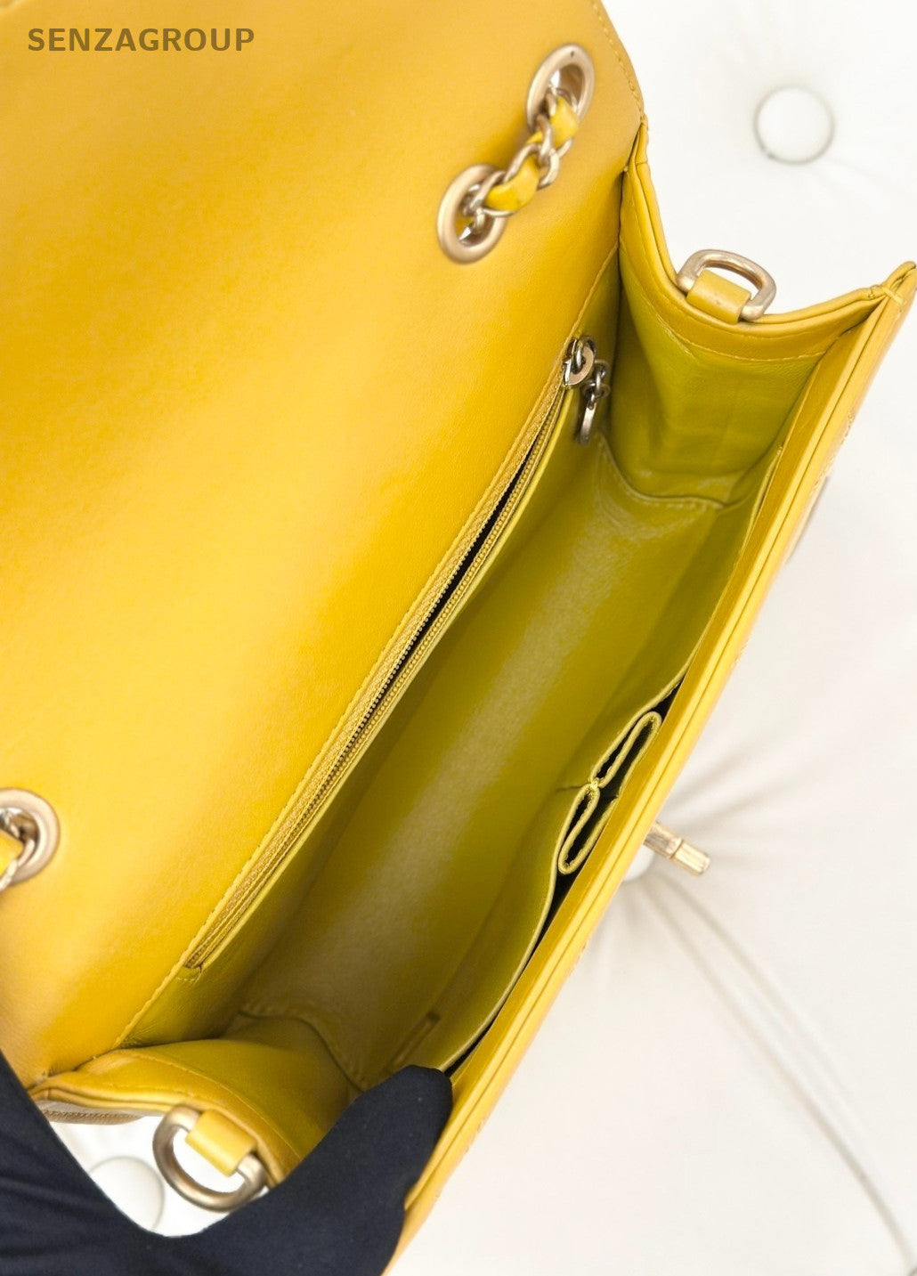 CHANEL Calfskin V-shaped pattern Chain Shoulder Handbag Yellow Women