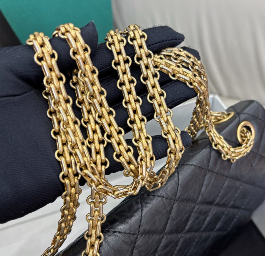 Chanel 2.55 MM Chain Shoulder Bag Crossbody Black Gold Women Classic