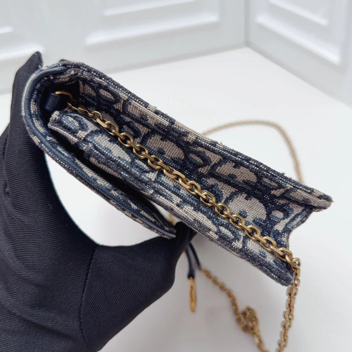 Christian Dior Oblique Canvas WOC Gold Chain Navy Shoulder Bag Crossbody