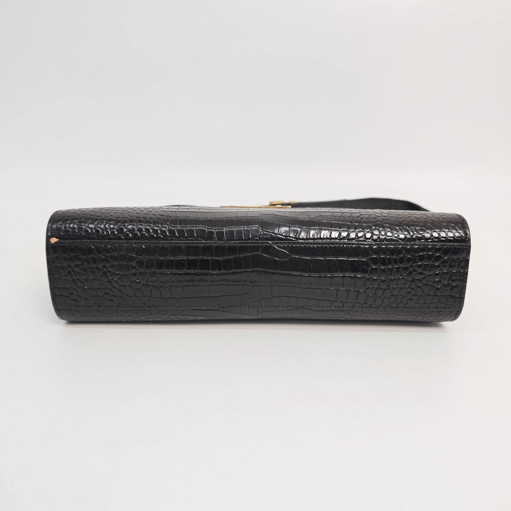 YSL Manhattan Medium Black Croc Embossed Leather Shoulder Bag Women