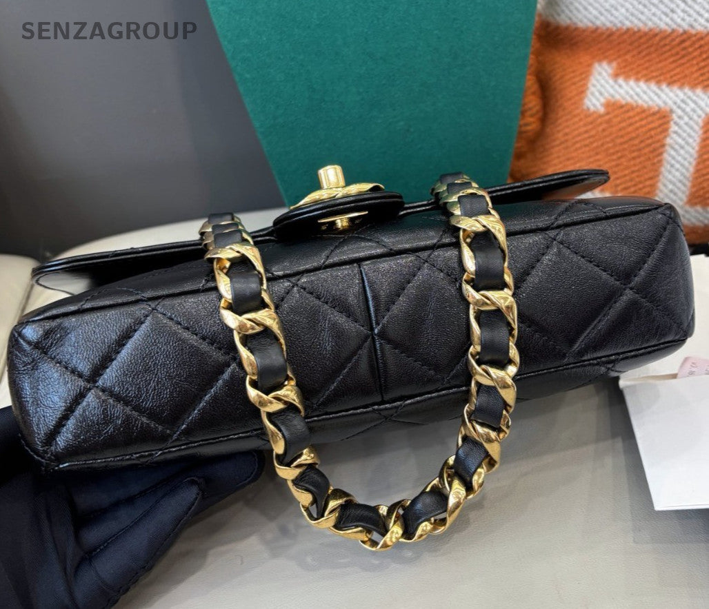Chanel Classic Flap Chain Black Gold Shoulder Bag Diamond Fashion Used Women