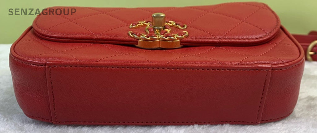 Chanel 19B 2Way Chain Shoulder Bag Crossbody Red Gold Used Women Classic